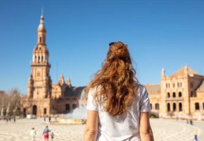 traveler woman in Spain Square- Plaza de Espana Seville- Andalusia